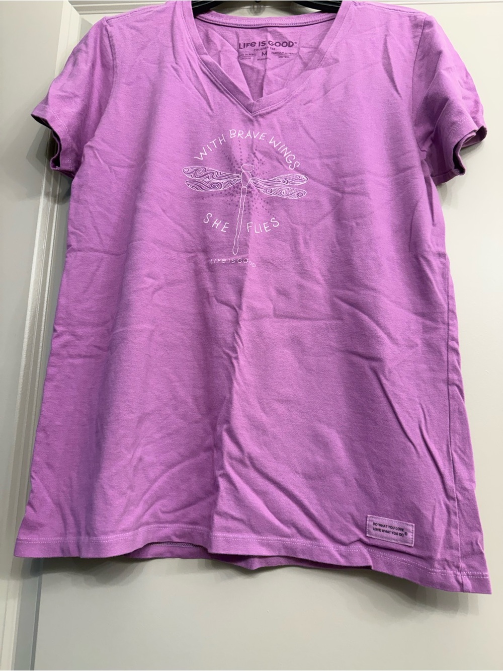 Life Is Good Lavender V-Neck Tee with Dragonfly Graphic